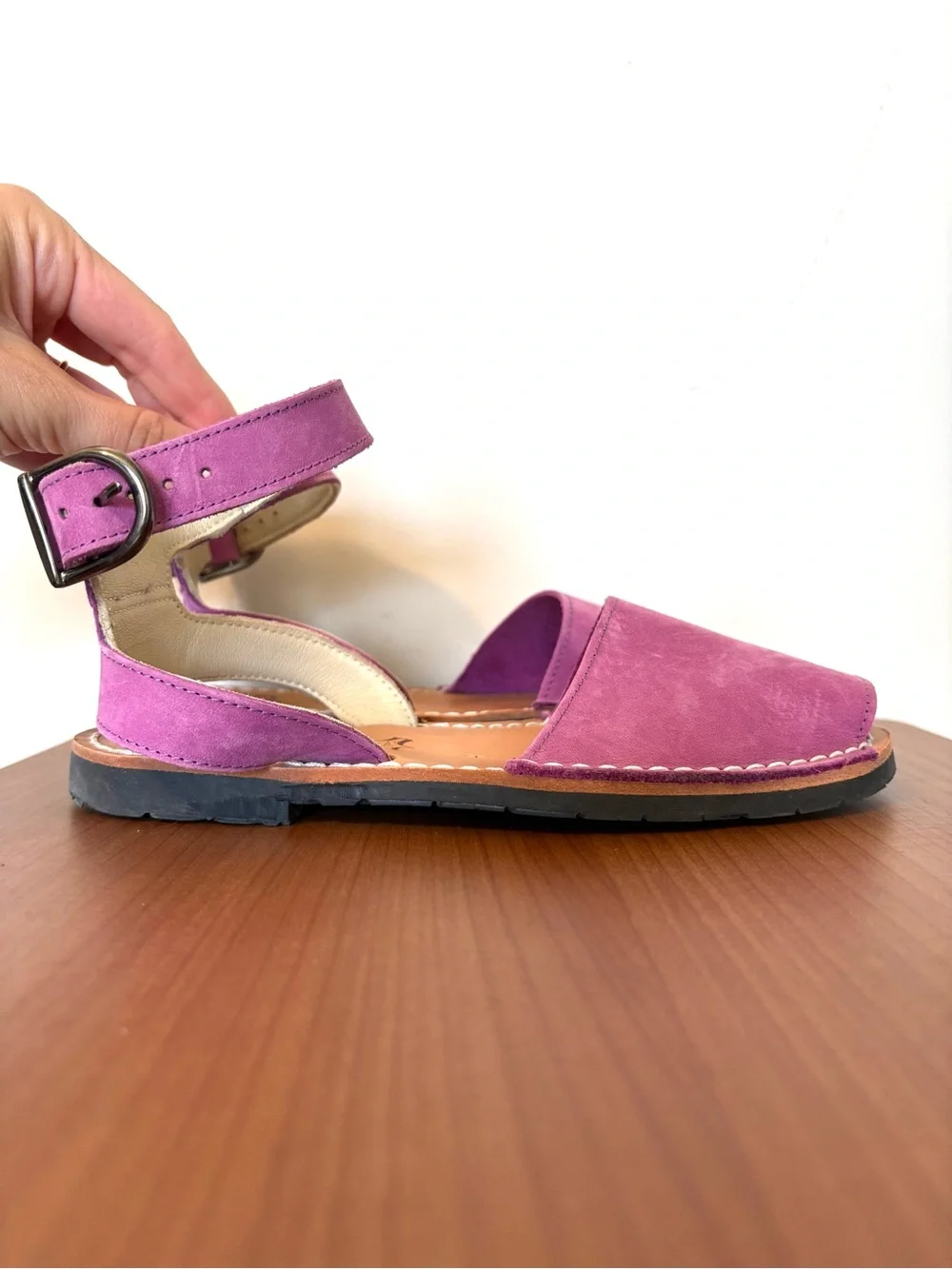 Pons Classic Strap Leather Sandals in Berry Purple Handcrafted Buckle Closure